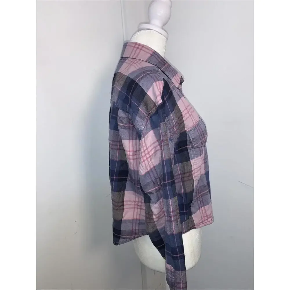 American Eagle Outfitters Cropped Flannel Shirt Sz Small Pink Blues - Picture 7 of 12